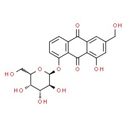 ChemSpider 2D Image | 8-Hydroxy-6-(hydroxymethyl)-9,10-dioxo-9,10-dihydro-1-anthracenyl (5xi)-beta-D-arabino-hexopyranoside | C21H20O10