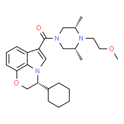 ChemSpider 2D Image | [(3R)-3-Cyclohexyl-2,3-dihydro[1,4]oxazino[2,3,4-hi]indol-6-yl][(3R,5S)-4-(2-methoxyethyl)-3,5-dimethyl-1-piperazinyl]methanone | C26H37N3O3