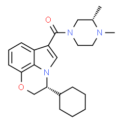 ChemSpider 2D Image | [(3R)-3-Cyclohexyl-2,3-dihydro[1,4]oxazino[2,3,4-hi]indol-6-yl][(3S)-3,4-dimethyl-1-piperazinyl]methanone | C23H31N3O2