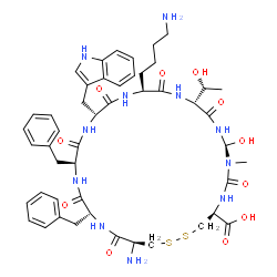 ChemSpider 2D Image | (4S,8R,11R,14S,17R,20S,23R,26S)-26-Amino-14-(4-aminobutyl)-20,23-dibenzyl-8-hydroxy-11-(1-hydroxyethyl)-17-(1H-indol-3-ylmethyl)-7-methyl-6,10,13,16,19,22,25-heptaoxo-1,2-dithia-5,7,9,12,15,18,21,24-o
ctaazacycloheptacosane-4-carboxylic acid | C48H63N11O11S2