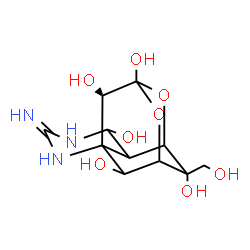 ChemSpider 2D Image | (13S)-3-Amino-14-(hydroxymethyl)-8,10-dioxa-2,4-diazatetracyclo[7.3.1.1~7,11~.0~1,6~]tetradec-2-ene-5,9,12,13,14-pentol | C11H17N3O8