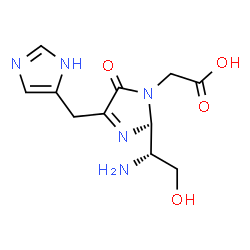 ChemSpider 2D Image | [(2S)-2-[(1R)-1-Amino-2-hydroxyethyl]-4-(1H-imidazol-5-ylmethyl)-5-oxo-2,5-dihydro-1H-imidazol-1-yl]acetic acid | C11H15N5O4