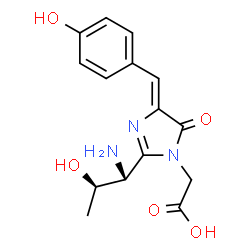 ChemSpider 2D Image | [(4Z)-2-[(1R,2R)-1-Amino-2-hydroxypropyl]-4-(4-hydroxybenzylidene)-5-oxo-4,5-dihydro-1H-imidazol-1-yl]acetic acid | C15H17N3O5
