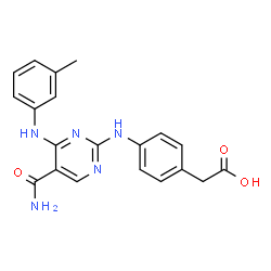 ChemSpider 2D Image | [4-({5-Carbamoyl-4-[(3-methylphenyl)amino]-2-pyrimidinyl}amino)phenyl]acetic acid | C20H19N5O3