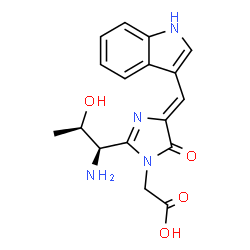 ChemSpider 2D Image | [(4Z)-2-[(1R,2R)-1-Amino-2-hydroxypropyl]-4-(1H-indol-3-ylmethylene)-5-oxo-4,5-dihydro-1H-imidazol-1-yl]acetic acid | C17H18N4O4