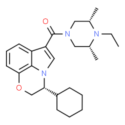 ChemSpider 2D Image | [(3R)-3-Cyclohexyl-2,3-dihydro[1,4]oxazino[2,3,4-hi]indol-6-yl][(3R,5S)-4-ethyl-3,5-dimethyl-1-piperazinyl]methanone | C25H35N3O2