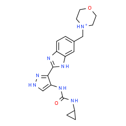 ChemSpider 2D Image | 4-[(2-{4-[(Cyclopropylcarbamoyl)amino]-1H-pyrazol-3-yl}-1H-benzimidazol-6-yl)methyl]morpholin-4-ium | C19H24N7O2