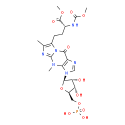 ChemSpider 2D Image | 7-{(3R)-4-Methoxy-3-[(methoxycarbonyl)amino]-4-oxobutyl}-4,6-dimethyl-3-(5-O-phosphono-beta-D-ribofuranosyl)-3,4-dihydro-9H-imidazo[1,2-a]purin-9-one | C21H29N6O12P