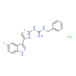 ChemSpider 2D Image | 1-Benzyl-3-[4-(5-fluoro-1H-indol-3-yl)-1,3-thiazol-2-yl]guanidine hydrochloride (1:1) | C19H17ClFN5S