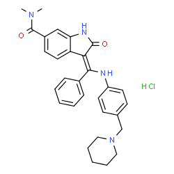ChemSpider 2D Image | (3Z)-N,N-Dimethyl-2-oxo-3-(phenyl{[4-(1-piperidinylmethyl)phenyl]amino}methylene)-6-indolinecarboxamide hydrochloride (1:1) | C30H33ClN4O2