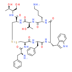 ChemSpider 2D Image | (4R,7S,10S,13S,16S,19R)-10-(4-Aminobutyl)-16-benzyl-N-[(2R,3R)-1,3-dihydroxy-2-butanyl]-7-(1-hydroxyethyl)-13-(1H-indol-3-ylmethyl)-6,9,12,15,18-pentaoxo-19-(L-phenylalanylamino)-1,2-dithia-5,8,11,14,
17-pentaazacycloicosane-4-carboxamide | C49H66N10O10S2