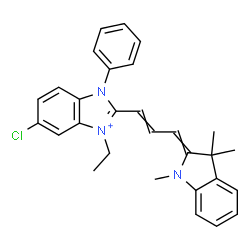 ChemSpider 2D Image | 5-Chloro-3-ethyl-1-phenyl-2-[3-(1,3,3-trimethyl-1,3-dihydro-2H-indol-2-ylidene)-1-propen-1-yl]-1H-3,1-benzimidazol-3-ium | C29H29ClN3