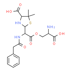 ChemSpider 2D Image | 2-{2-(2-Amino-2-carboxyethoxy)-2-oxo-1-[(phenylacetyl)amino]ethyl}-5,5-dimethyl-1,3-thiazolidine-4-carboxylic acid | C19H25N3O7S