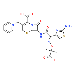 ChemSpider 2D Image | 1-[(7-{[(2-Amino-1,3-thiazol-4-yl){[(2-carboxy-2-propanyl)oxy]imino}acetyl]amino}-2-carboxy-8-oxo-5-thia-1-azabicyclo[4.2.0]oct-2-en-3-yl)methyl]pyridinium | C22H23N6O7S2