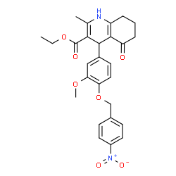 ChemSpider 2D Image | Ethyl 4-{3-methoxy-4-[(4-nitrobenzyl)oxy]phenyl}-2-methyl-5-oxo-1,4,5,6,7,8-hexahydro-3-quinolinecarboxylate | C27H28N2O7