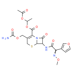 ChemSpider 2D Image | 1-Acetoxyethyl 3-[(carbamoyloxy)methyl]-7-{[3-furyl(methoxyimino)acetyl]amino}-8-oxo-5-thia-1-azabicyclo[4.2.0]oct-2-ene-2-carboxylate | C20H22N4O10S