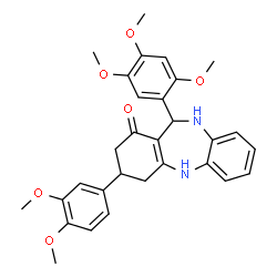 ChemSpider 2D Image | 3-(3,4-Dimethoxyphenyl)-11-(2,4,5-trimethoxyphenyl)-2,3,4,5,10,11-hexahydro-1H-dibenzo[b,e][1,4]diazepin-1-one | C30H32N2O6