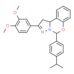 ChemSpider 2D Image | 2-(3,4-Dimethoxyphenyl)-5-(4-isopropylphenyl)-1,10b-dihydropyrazolo[1,5-c][1,3]benzoxazine | C27H28N2O3