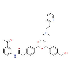 ChemSpider 2D Image | N-(3-Acetylphenyl)-2-(4-{4-[4-(hydroxymethyl)phenyl]-6-({methyl[2-(2-pyridinyl)ethyl]amino}methyl)-1,3-dioxan-2-yl}phenyl)acetamide | C36H39N3O5