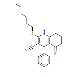 ChemSpider 2D Image | 2-(Hexylsulfanyl)-4-(4-methylphenyl)-5-oxo-1,4,5,6,7,8-hexahydro-3-quinolinecarbonitrile | C23H28N2OS