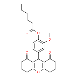 ChemSpider 2D Image | 4-(1,8-Dioxo-2,3,4,5,6,7,8,9-octahydro-1H-xanthen-9-yl)-2-methoxyphenyl hexanoate | C26H30O6
