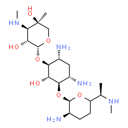 ChemSpider 2D Image | (1S,2S,3R,4S,6R)-4,6-Diamino-3-({(2R,3R)-3-amino-6-[(1R)-1-(methylamino)ethyl]tetrahydro-2H-pyran-2-yl}oxy)-2-hydroxycyclohexyl 3-deoxy-4-C-methyl-3-(methylamino)-beta-L-arabinopyranoside | C21H43N5O7