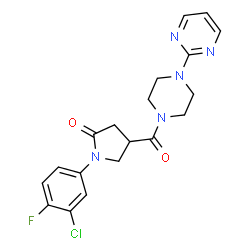 ChemSpider 2D Image | 1-(3-Chloro-4-fluorophenyl)-4-{[4-(2-pyrimidinyl)-1-piperazinyl]carbonyl}-2-pyrrolidinone | C19H19ClFN5O2