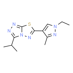 ChemSpider 2D Image | 6-(1-Ethyl-3-methyl-1H-pyrazol-4-yl)-3-isopropyl[1,2,4]triazolo[3,4-b][1,3,4]thiadiazole | C12H16N6S