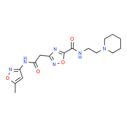 ChemSpider 2D Image | 3-{2-[(5-Methyl-1,2-oxazol-3-yl)amino]-2-oxoethyl}-N-[2-(1-piperidinyl)ethyl]-1,2,4-oxadiazole-5-carboxamide | C16H22N6O4