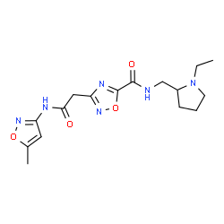 ChemSpider 2D Image | N-[(1-Ethyl-2-pyrrolidinyl)methyl]-3-{2-[(5-methyl-1,2-oxazol-3-yl)amino]-2-oxoethyl}-1,2,4-oxadiazole-5-carboxamide | C16H22N6O4