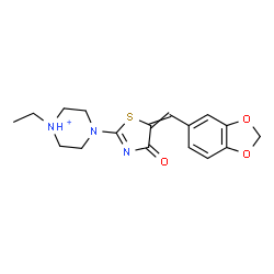 ChemSpider 2D Image | 4-[5-(1,3-Benzodioxol-5-ylmethylene)-4-oxo-4,5-dihydro-1,3-thiazol-2-yl]-1-ethylpiperazin-1-ium | C17H20N3O3S