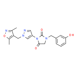 ChemSpider 2D Image | 3-{1-[(3,5-Dimethylisoxazol-4-yl)methyl]-1H-pyrazol-4-yl}-1-(3-hydroxybenzyl)imidazolidine-2,4-dione | C19H19N5O4