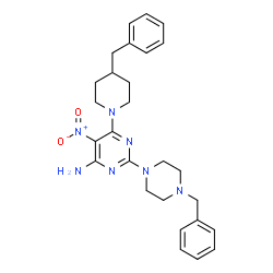 ChemSpider 2D Image | 2-(4-Benzyl-1-piperazinyl)-6-(4-benzyl-1-piperidinyl)-5-nitro-4-pyrimidinamine | C27H33N7O2