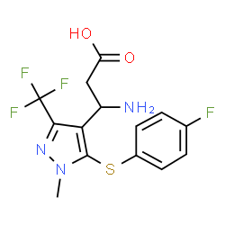 ChemSpider 2D Image | 3-Amino-3-{5-[(4-fluorophenyl)sulfanyl]-1-methyl-3-(trifluoromethyl)-1H-pyrazol-4-yl}propanoic acid | C14H13F4N3O2S