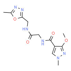 ChemSpider 2D Image | 3-Methoxy-1-methyl-N-(2-{[(5-methyl-1,3,4-oxadiazol-2-yl)methyl]amino}-2-oxoethyl)-1H-pyrazole-4-carboxamide | C12H16N6O4
