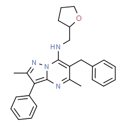 ChemSpider 2D Image | 6-Benzyl-2,5-dimethyl-3-phenyl-N-(tetrahydro-2-furanylmethyl)pyrazolo[1,5-a]pyrimidin-7-amine | C26H28N4O