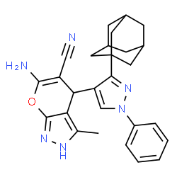 ChemSpider 2D Image | 4-[3-(Adamantan-1-yl)-1-phenyl-1H-pyrazol-4-yl]-6-amino-3-methyl-1,4-dihydropyrano[2,3-c]pyrazole-5-carbonitrile | C27H28N6O