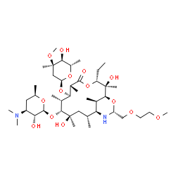 ChemSpider 2D Image | (1S,2R,3R,6R,7R,8R,9R,10R,12R,13S,15R,17R)-3-Ethyl-2,10-dihydroxy-15-[(2-methoxyethoxy)methyl]-2,6,8,10,12,17-hexamethyl-5-oxo-9-{[3,4,6-trideoxy-3-(dimethylamino)-beta-D-xylo-hexopyranosyl]oxy}-4,16-
dioxa-14-azabicyclo[11.3.1]heptadec-7-yl 2,6-dideoxy-3-C-methyl-3-O-methyl-alpha-L-ribo-hexopyranoside | C42H78N2O14