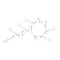 ChemSpider 2D Image | [(4-{[3-(1-Hydroxyethyl)-12,15-diisobutyl-2,5,8,11,14,17,20-heptaoxo-6,9,18-tris{2-[(sulfonatomethyl)amino]ethyl}-1,4,7,10,13,16,19-heptaazacyclotricosan-21-yl]amino}-3-{[3-hydroxy-2-({2-[(6-methyloct
anoyl)amino]-4-[(sulfonatomethyl)amino]butanoyl}amino)butanoyl]amino}-4-oxobutyl)amino]methanesulfonate | C58H105N16O28S5