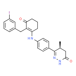 ChemSpider 2D Image | (5R)-6-(4-{[2-(3-IODOBENZYL)-3-OXOCYCLOHEX-1-EN-1-YL]AMINO}PHENYL)-5-METHYL-4,5-DIHYDROPYRIDAZIN-3(2H)-ONE | C24H24IN3O2