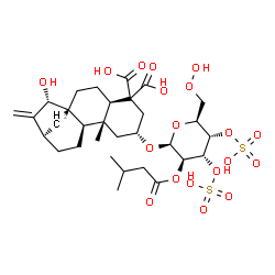 ChemSpider 2D Image | (1R,4R,7R,9R,10R,13R,15S)-7-{[(2S,3R,4R,5S,6S)-6-(Hydroperoxymethyl)-3-[(3-methylbutanoyl)oxy]-4,5-bis(sulfooxy)tetrahydro-2H-pyran-2-yl]oxy}-15-hydroxy-9-methyl-14-methylenetetracyclo[11.2.1.0~1,10~.
0~4,9~]hexadecane-5,5-dicarboxylic acid | C31H46O19S2
