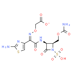 ChemSpider 2D Image | ({(Z)-[1-(2-Amino-1,3-thiazol-4-yl)-2-({(2S,3S)-2-[(carbamoyloxy)methyl]-4-oxo-1-sulfo-3-azetidinyl}amino)-2-oxoethylidene]amino}oxy)acetate | C12H13N6O10S2