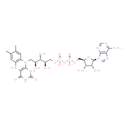 ChemSpider 2D Image | [[(2R,3S,4R,5R)-5-(6-aminopurin-9-yl)-3,4-dihydroxy-tetrahydrofuran-2-yl]methoxy-oxido-phosphoryl] [(2R,3S,4S)-5-(7,8-dimethyl-2,4-dioxo-1,5-dihydrobenzo[g]pteridin-10-yl)-2,3,4-trihydroxy-pentyl] phosphate | C27H33N9O15P2