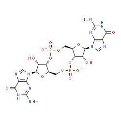 ChemSpider 2D Image | (2R,3R,3aS,7aR,9R,10R,10aS,14aR)-2-(2-Amino-6-oxo-1,6-dihydro-9H-purin-9-yl)-9-(2-amino-6-oxo-3,6-dihydro-9H-purin-9-yl)-3,10-dihydroxyoctahydro-2H,7H-difuro[3,2-d:3',2'-j][1,3,7,9,2,8]tetraoxadiphosp
hacyclododecine-5,12-diolate 5,12-dioxide | C20H22N10O14P2
