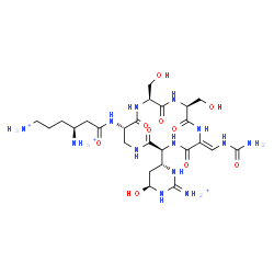 ChemSpider 2D Image | (4S)-6-{[(3S,6Z,9S,12S,15S)-3-[(4R,6S)-2-Ammonio-6-hydroxy-1,4,5,6-tetrahydro-4-pyrimidinyl]-6-[(carbamoylamino)methylene]-9,12-bis(hydroxymethyl)-2,5,8,11,14-pentaoxo-1,4,7,10,13-pentaazacyclohexadec
an-15-yl]amino}-6-oxo-1,4-hexanediaminium | C25H46N13O10