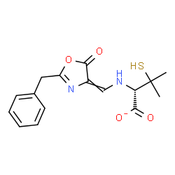 ChemSpider 2D Image | (2S)-2-{[(E)-(2-Benzyl-5-oxo-1,3-oxazol-4(5H)-ylidene)methyl]amino}-3-methyl-3-sulfanylbutanoate | C16H17N2O4S
