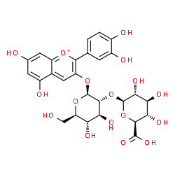 ChemSpider 2D Image | 2-(3,4-Dihydroxyphenyl)-5,7-dihydroxy-3-chromeniumyl 2-O-beta-D-glucopyranuronosyl-beta-D-glucopyranoside | C27H29O17