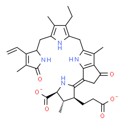 ChemSpider 2D Image | (2S,3S,4S,5Z)-4-(2-Carboxylatoethyl)-5-[2-({3-ethyl-4-methyl-5-[(4-methyl-5-oxo-3-vinyl-2,5-dihydro-1H-pyrrol-2-yl)methyl]-1H-pyrrol-2-yl}methyl)-3-methyl-4-oxo-4,5-dihydrocyclopenta[b]pyrrol-6(1H)-yl
idene]-3-methyl-2-pyrrolidinecarboxylate | C33H38N4O6