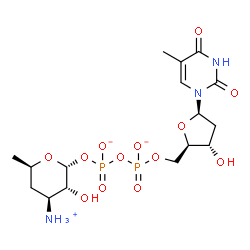 ChemSpider 2D Image | [(2R,3R,4S,6R)-4-azaniumyl-3-hydroxy-6-methyl-tetrahydropyran-2-yl] [[(2R,3S,5R)-3-hydroxy-5-(5-methyl-2,4-dioxo-pyrimidin-1-yl)tetrahydrofuran-2-yl]methoxy-oxido-phosphoryl] phosphate | C16H26N3O13P2