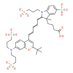 ChemSpider 2D Image | (2E)-2-[(2E,4E)-5-{7-[Bis(3-sulfonatopropyl)amino]-2-(2-methyl-2-propanyl)-4-chromeniumyl}-2,4-pentadien-1-ylidene]-3-(3-carboxypropyl)-3-methyl-1-(3-sulfonatopropyl)-5-indolinesulfonate | C40H49N2O15S4